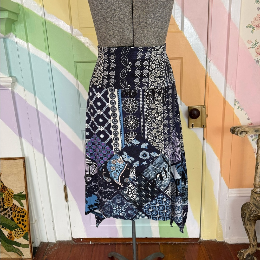 Desigual Y2K Patchwork Floral Paisley Asymmetrical Stretch Midi Skirt Sz L 💛🍄